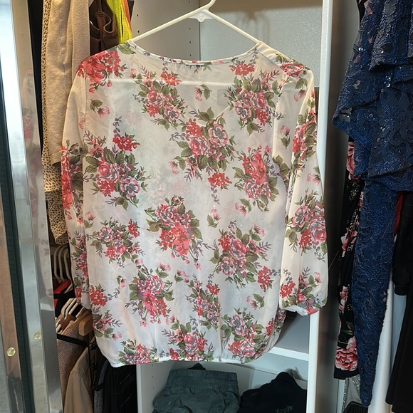 Venus - Floral Sheer Blouse with Elastic Accents and Neck Tie in size Small - Picture 4 of 4